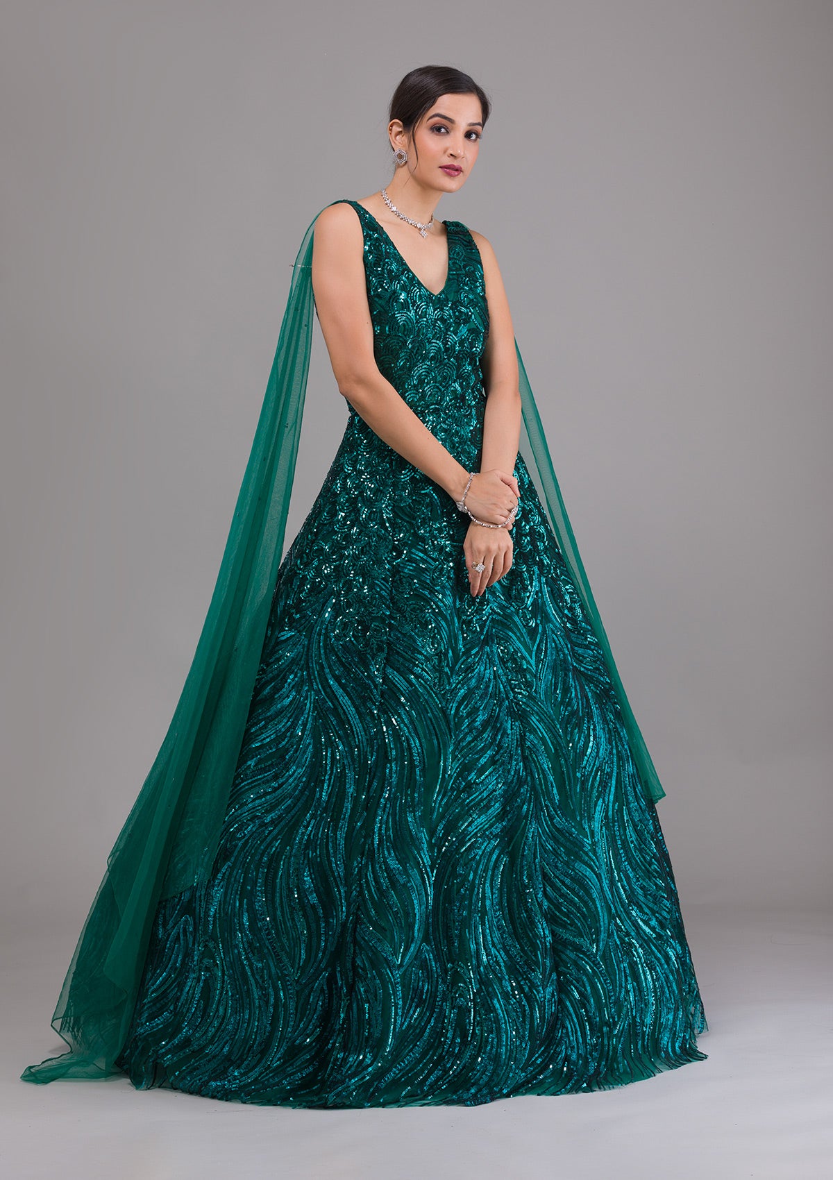 Adorable Teal Green Color Sequence Work Velvet Gown - Cloths